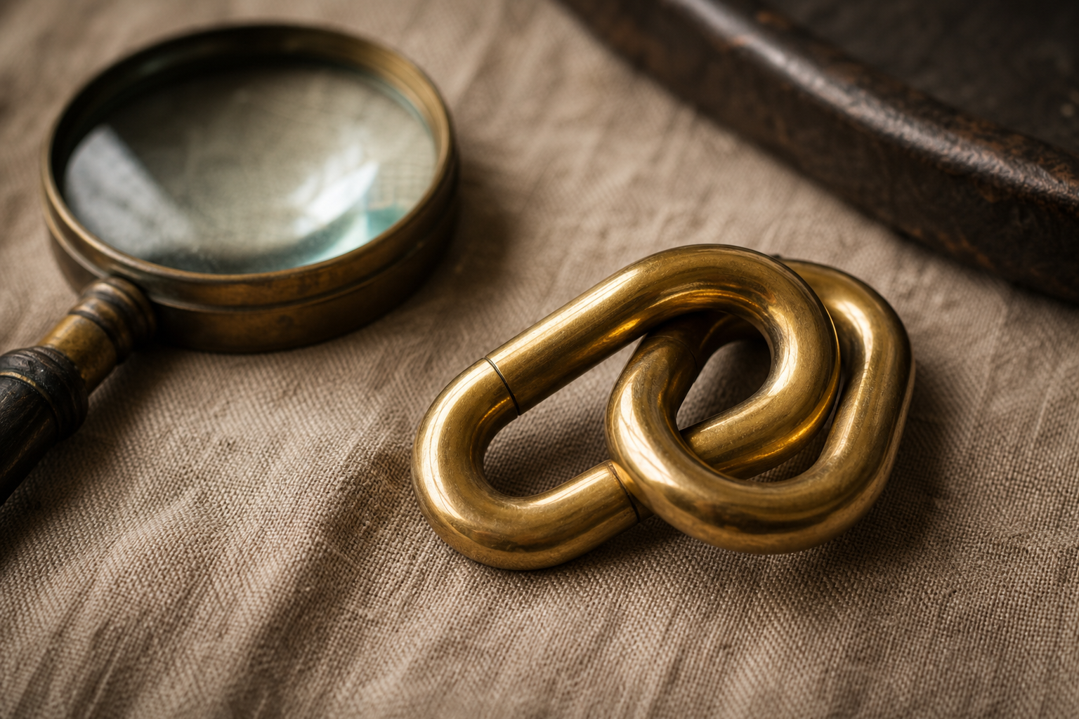 Twee koperen schakels en een vergrootglas — de kwaliteit van een backlink onder de loep